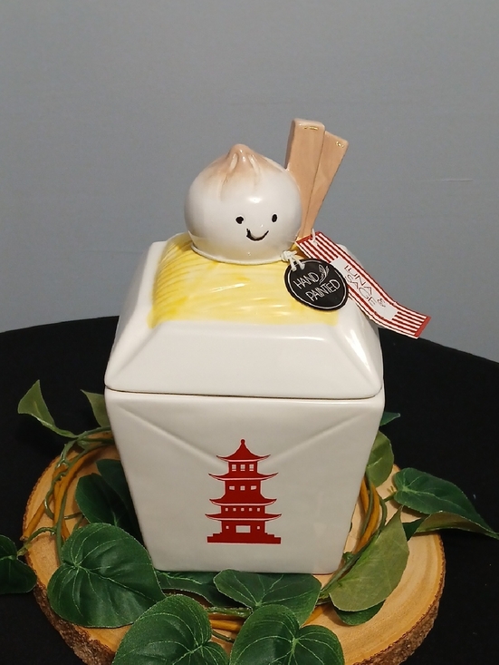 Luna & Sage Other - New! Ceramic Dumpling Canister with Red Pagoda and Yellow Lid Accent NWT